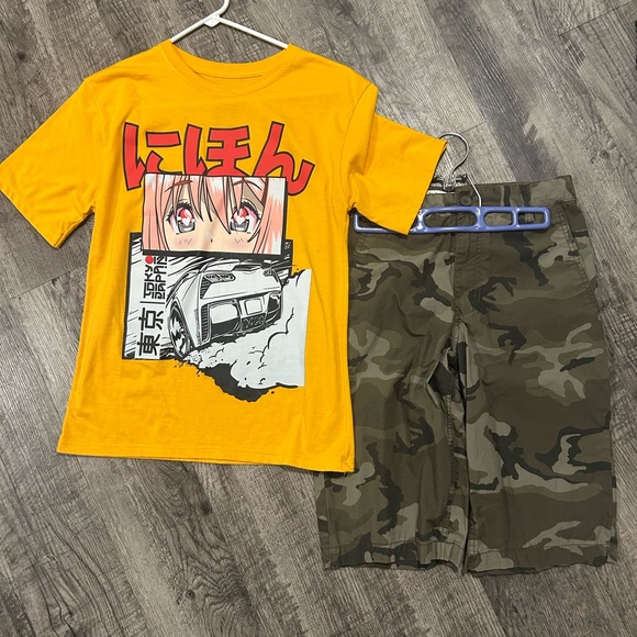 unsure Other - Boy size 16, Yellow anime Tee and Camouflage Shorts Set, New